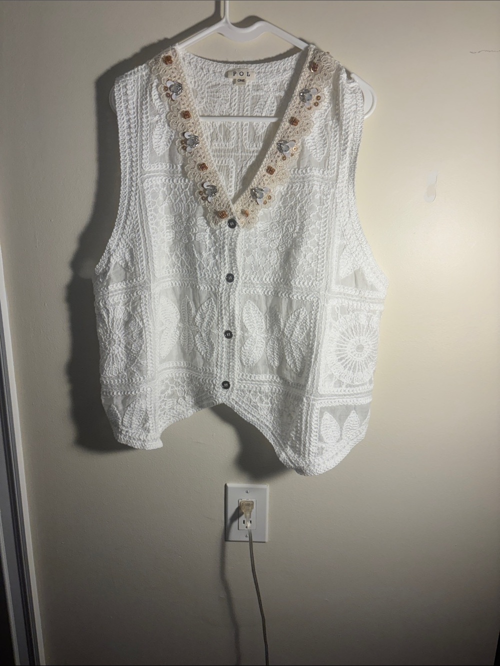 POL White Crochet Button-Front Sleeveless Top with Beaded V-Neck
